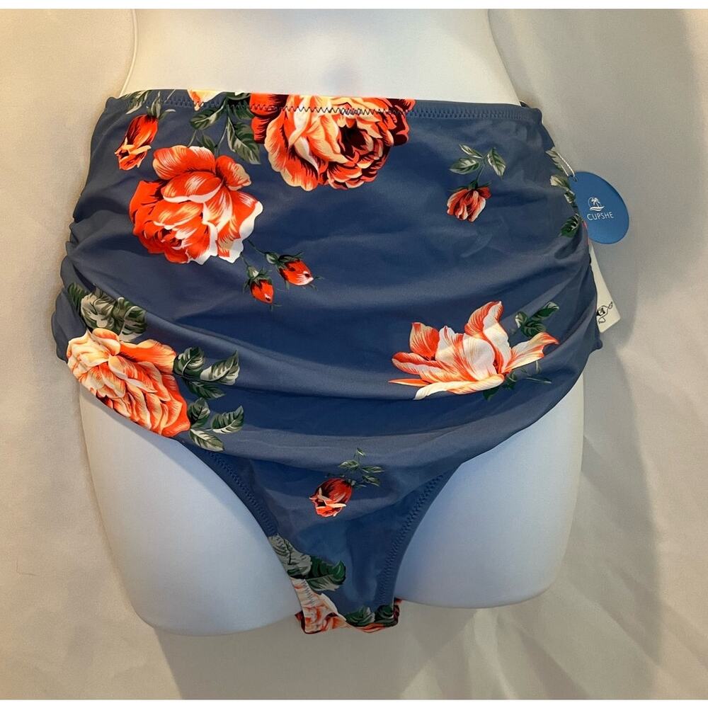 Cupshe High Waist Tummy Control Swim Bottom - Blue/Floral - NWT - Size M